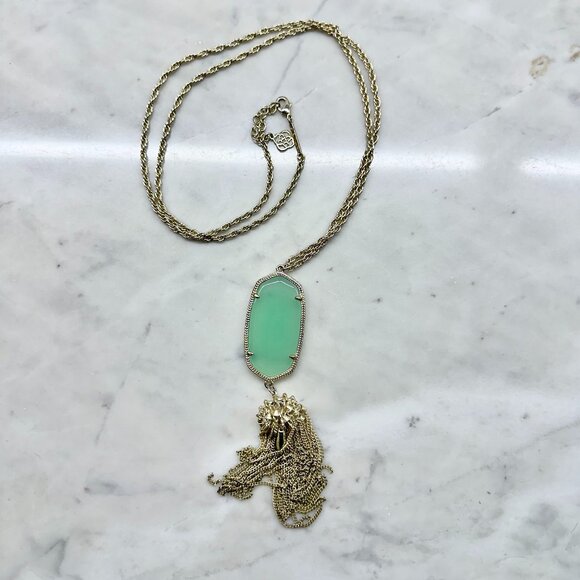 Kendra Scott Rayne Pendant Necklace Light Green and Gold 30” Chain - Picture 2 of 7